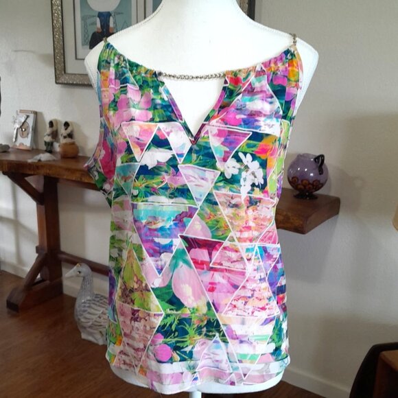 Amanda Uprichard Silk Tank Top Small Geometric Colorful Floral Chain Closure - Picture 1 of 7